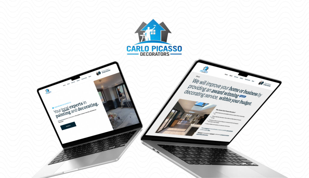 Announcing a new Carlo Picasso Decorators website design, displayed on two laptop screens.