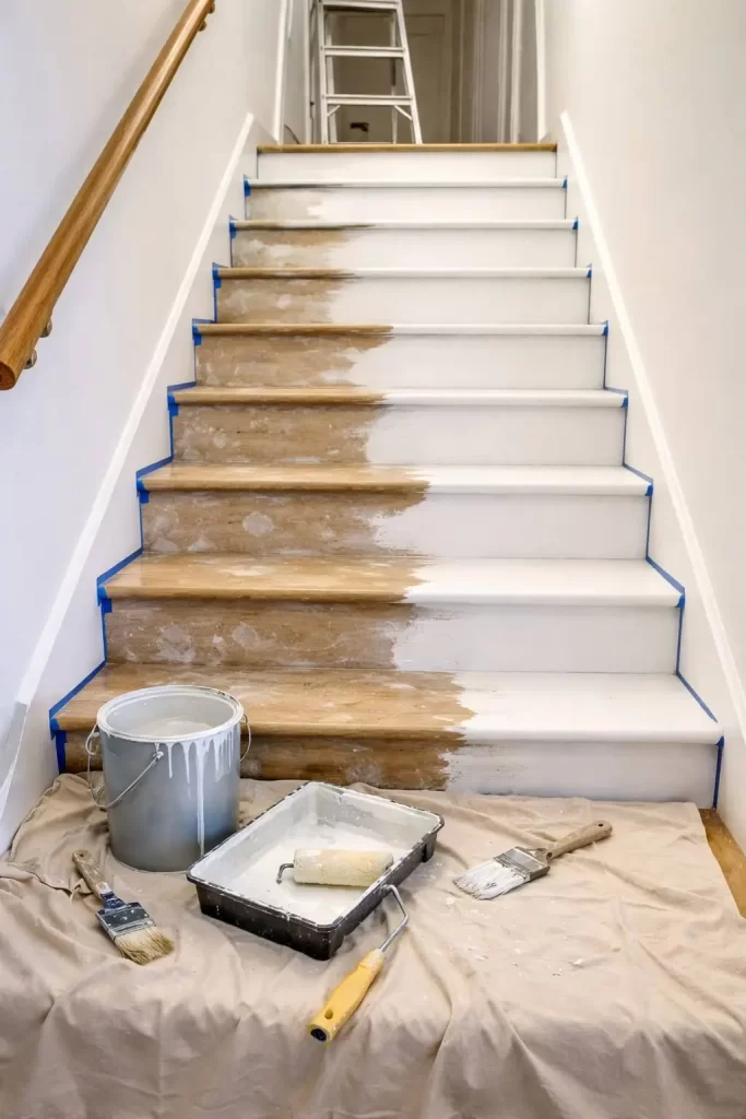 Stairs in the middle of being painted.