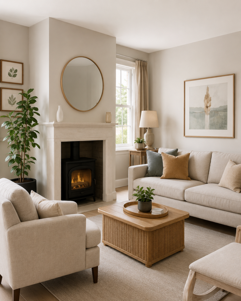Cream living room with a lit fireplace, round mirror above the mantel, and a wooden coffee table on a jute rug.