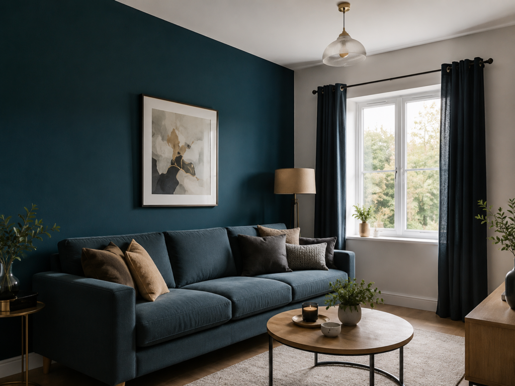 Living room with deep teal walls, a navy sofa, round wood coffee table, and a large window with soft daylight.