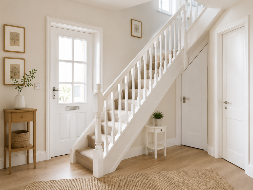 Bright hallway with a white staircase, white bannister, and a front door with glass panels.