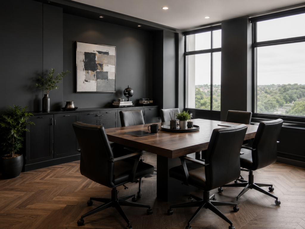 Home office or dining space with dark charcoal walls, a wooden table, black chairs, and large windows.